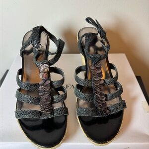 black ALFA espadrille wedge sandals with a textured upper and ankle strap